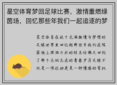 星空体育梦回足球比赛，激情重燃绿茵场，回忆那些年我们一起追逐的梦想