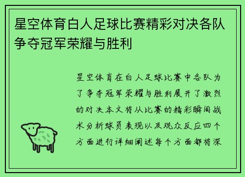 星空体育白人足球比赛精彩对决各队争夺冠军荣耀与胜利